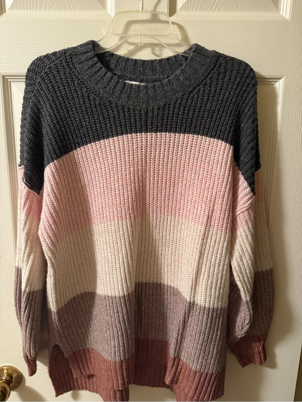 American Eagle Outfitters Charcoal, Pink & Cream Striped Crewneck Sweater